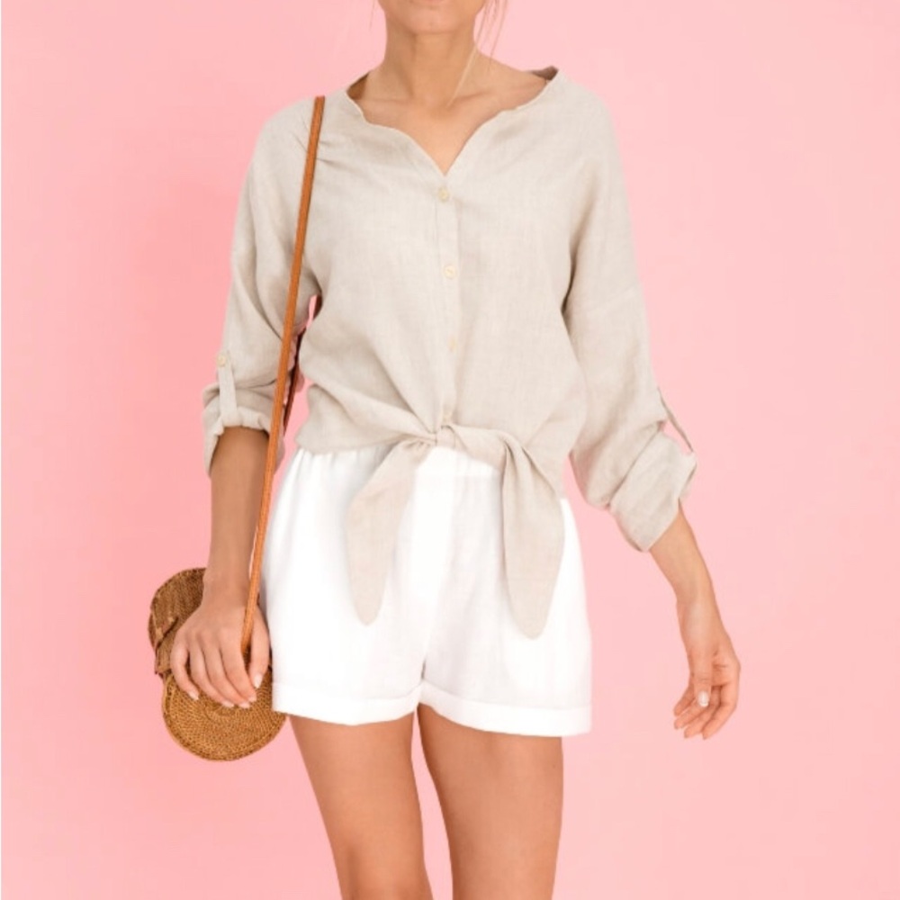 Homey Linen Beige Button Down Blouse Top Handmade L